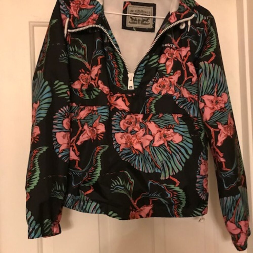 Levi Women Hooded Floral Windbreaker Jacket Size Small 1/2 Zip